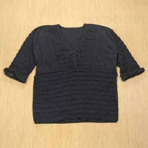 Black Crochet Detail Top Blouse V Neck Tie Casual Whimsygoth Boho Women's‎ Large
